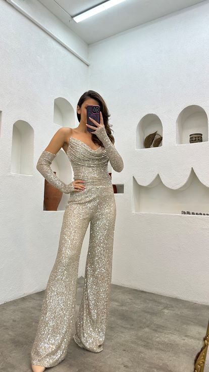 Cream Strapless Sleeve Detail Sequin Sequin Jumpsuit