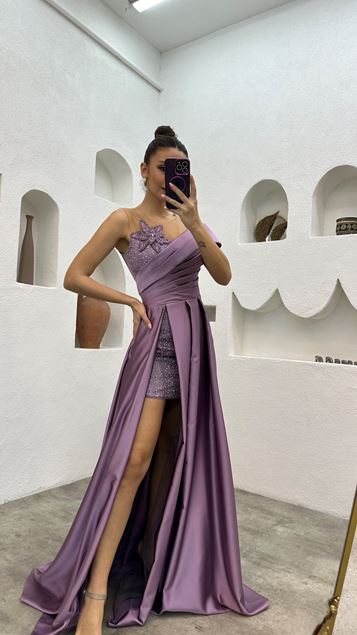 Lilas Brodé Détail Transparent Drapé Satin Robe de soirée