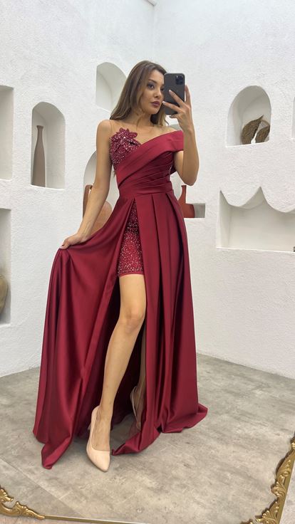 Bordo İşlemeli Transparan Detay Drapeli Saten Abiye Elbise