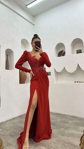 Tile Embroidered Transparent Detail Evening Dress