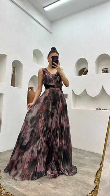 Powder Embroidered Detail Patterned Pleated Evening Dress