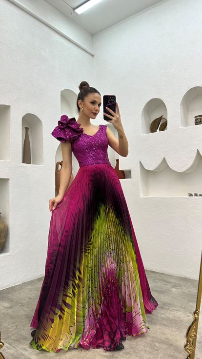 Fuşya Omuz Volanlı Piliseli Abiye Elbise