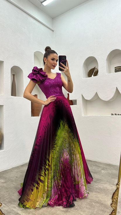 Fuşya Omuz Volanlı Piliseli Abiye Elbise