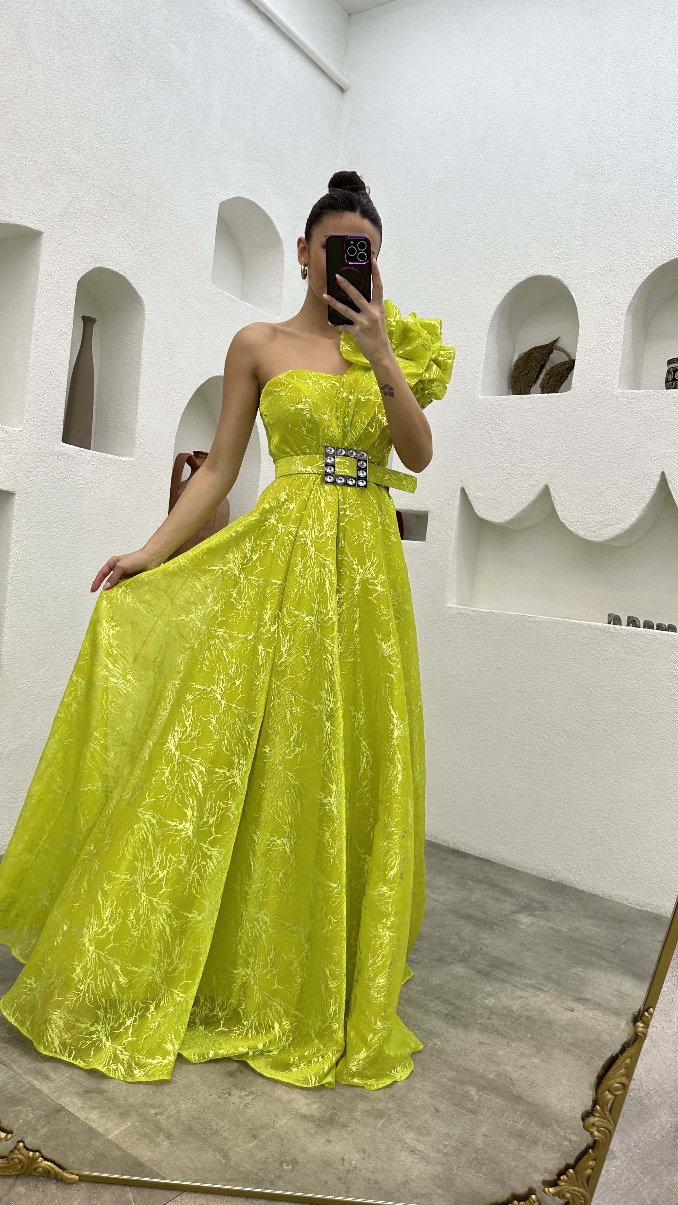 Yellow One Shoulder Volan Detail Belted Evening Dress