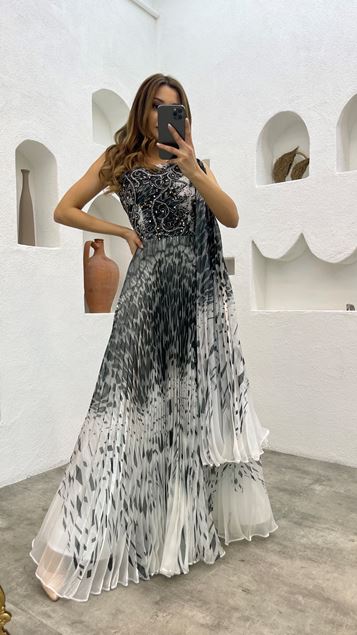 Gray Embroidered Detail Patterned Pleated Evening Dress