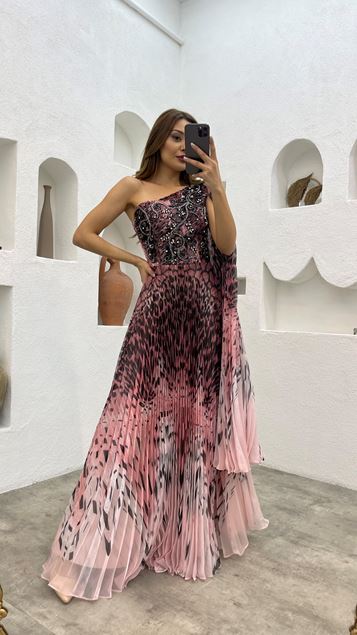 Powder Embroidered Detail Patterned Pleated Evening Dress