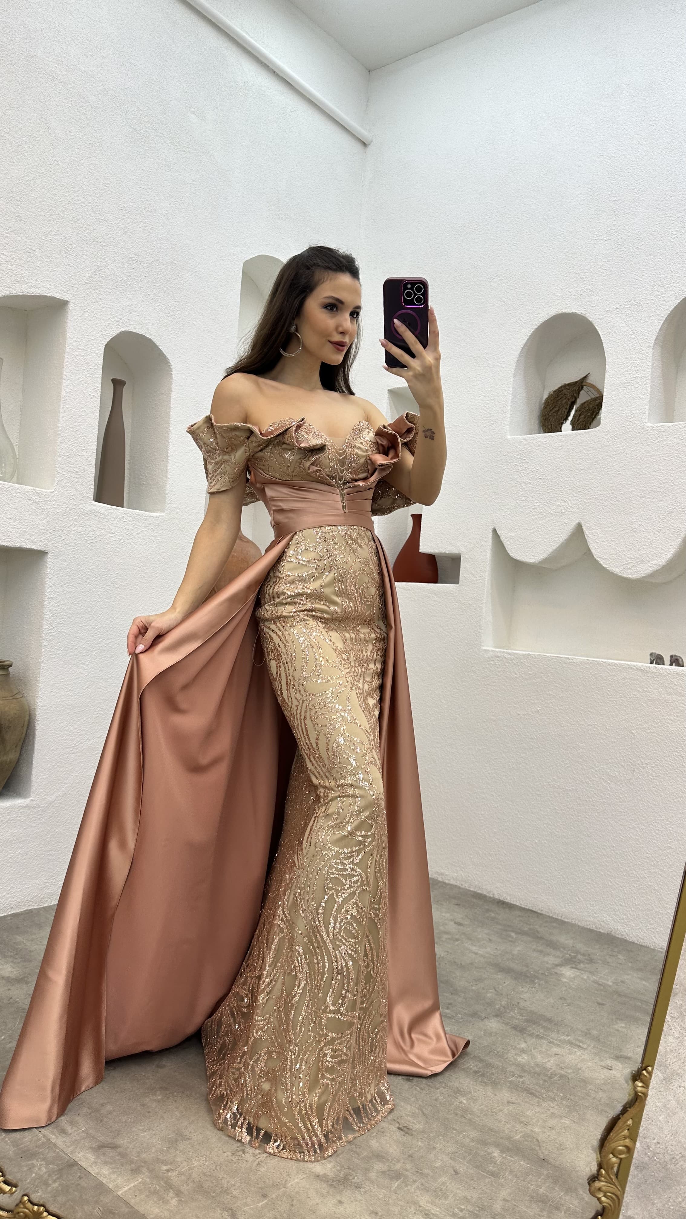 Beige Drape Detailed Embroidered Flounce Satin Evening Dress