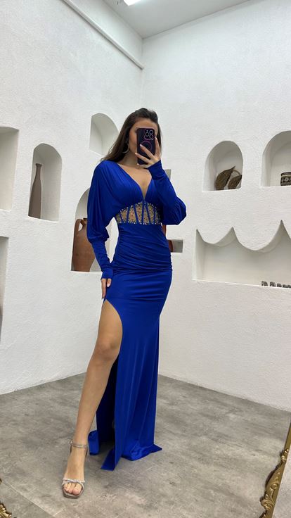 Sax Waist Embroidered Ruffle Detail Satin Evening Dress