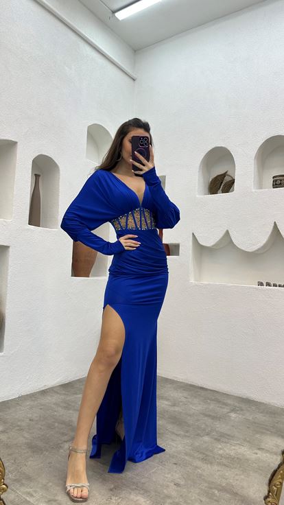 Sax Waist Embroidered Ruffle Detail Satin Evening Dress