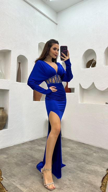 Sax Waist Embroidered Ruffle Detail Satin Evening Dress