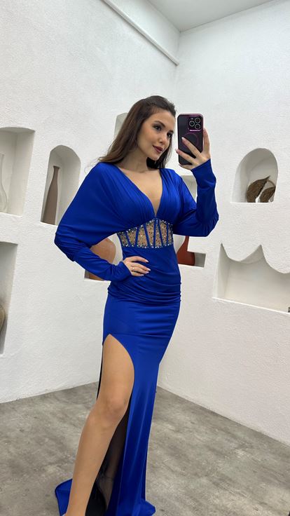 Sax Waist Embroidered Ruffle Detail Satin Evening Dress