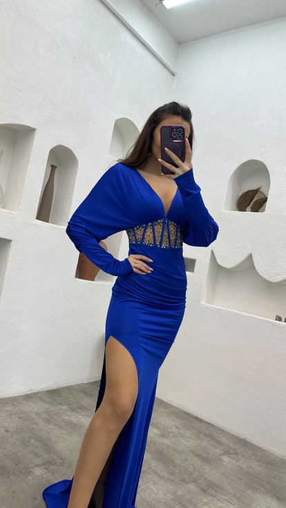 Sax Waist Embroidered Ruffle Detail Satin Evening Dress