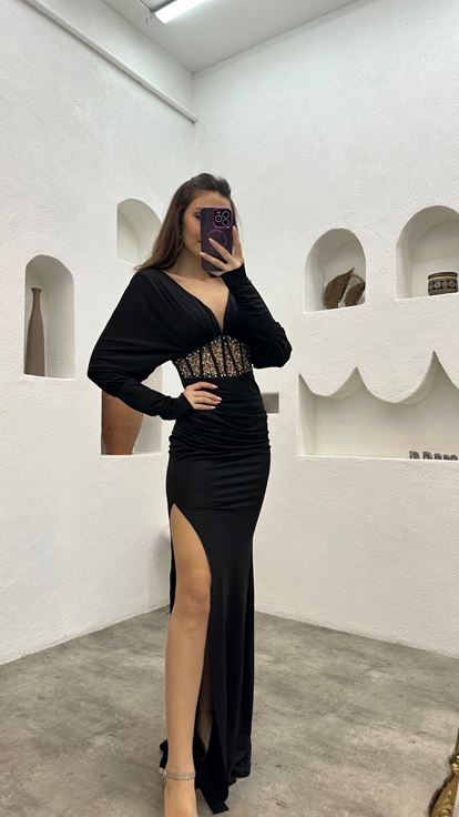 Black Waist Embroidered Ruffle Detail Satin Evening Dress