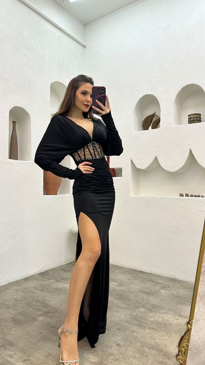 Black Waist Embroidered Ruffle Detail Satin Evening Dress