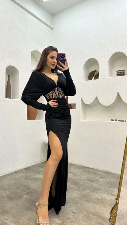 Black Waist Embroidered Ruffle Detail Satin Evening Dress