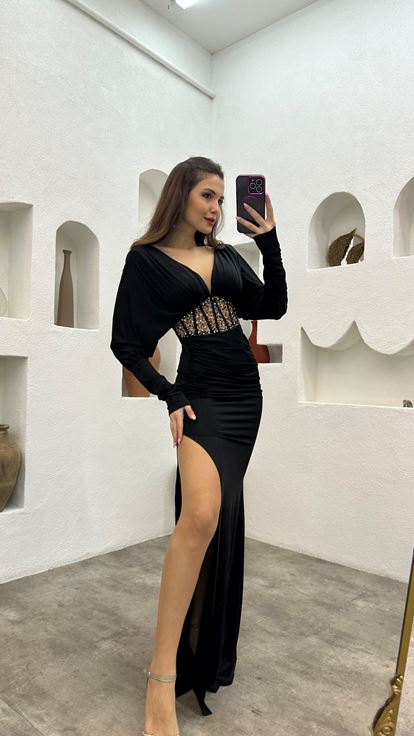 Black Waist Embroidered Ruffle Detail Satin Evening Dress