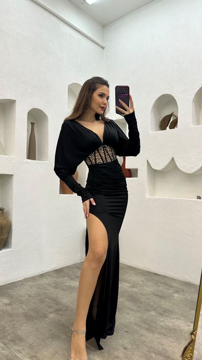 Black Waist Embroidered Ruffle Detail Satin Evening Dress