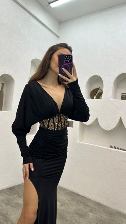 Black Waist Embroidered Ruffle Detail Satin Evening Dress