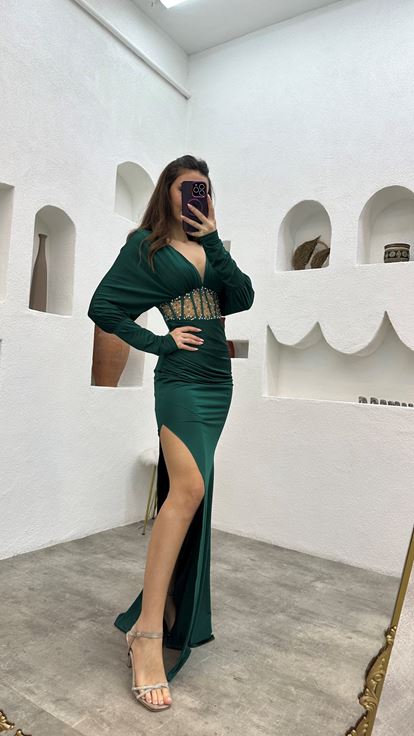 Emerald Waist Embroidered Ruffle Detail Satin Evening Dress