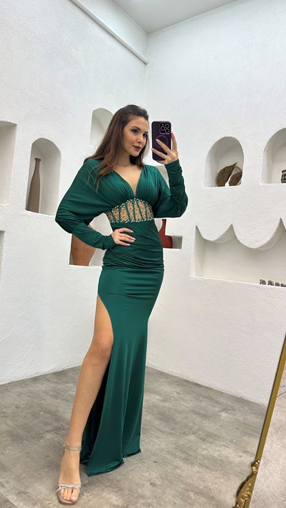 Emerald Waist Embroidered Ruffle Detail Satin Evening Dress