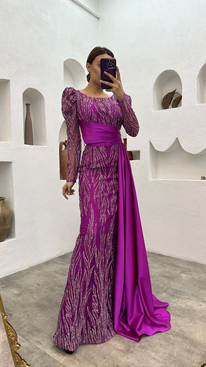 Fuchsia Brodé Drapé Belé Satin Robe de soirée