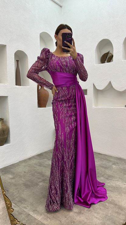 Fuchsia Brodé Drapé Belé Satin Robe de soirée