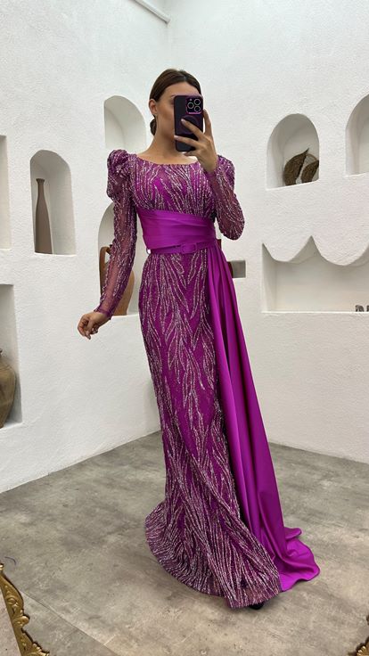 Fuchsia Brodé Drapé Belé Satin Robe de soirée