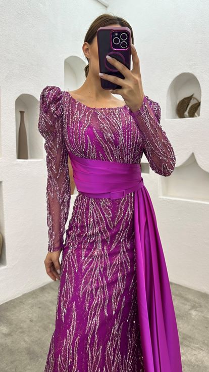 Fuchsia Brodé Drapé Belé Satin Robe de soirée