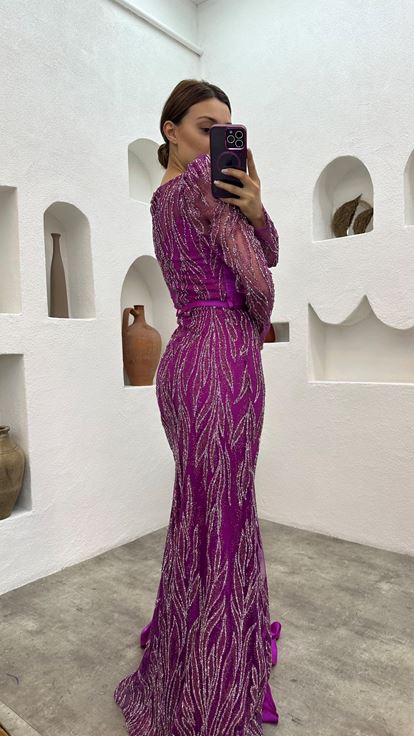 Fuchsia Brodé Drapé Belé Satin Robe de soirée