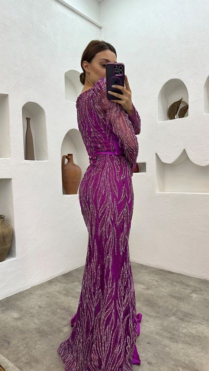 Fuchsia Brodé Drapé Belé Satin Robe de soirée