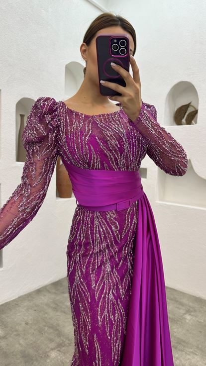 Fuchsia Brodé Drapé Belé Satin Robe de soirée