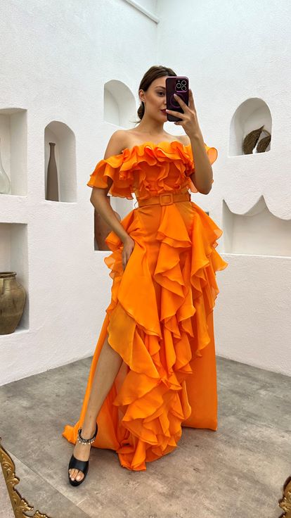 Orange Flywheel Belt Detail Satin Evening Dress