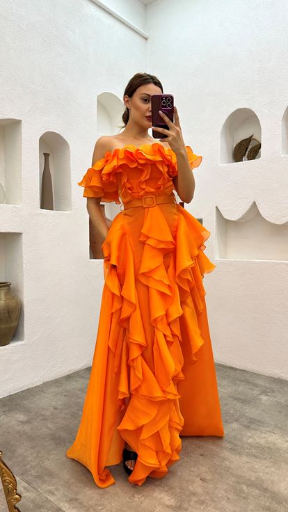 Orange Flywheel Belt Detail Satin Evening Dress