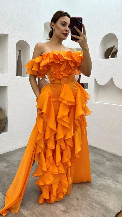 Orange Flywheel Belt Detail Satin Evening Dress