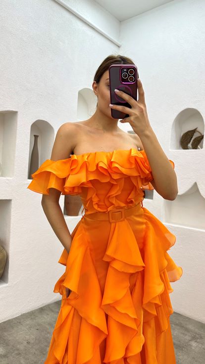 Orange Flywheel Belt Detail Satin Evening Dress