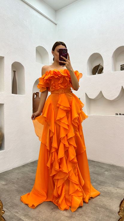 Orange Flywheel Belt Detail Satin Evening Dress