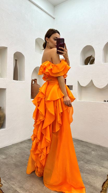 Orange Flywheel Belt Detail Satin Evening Dress