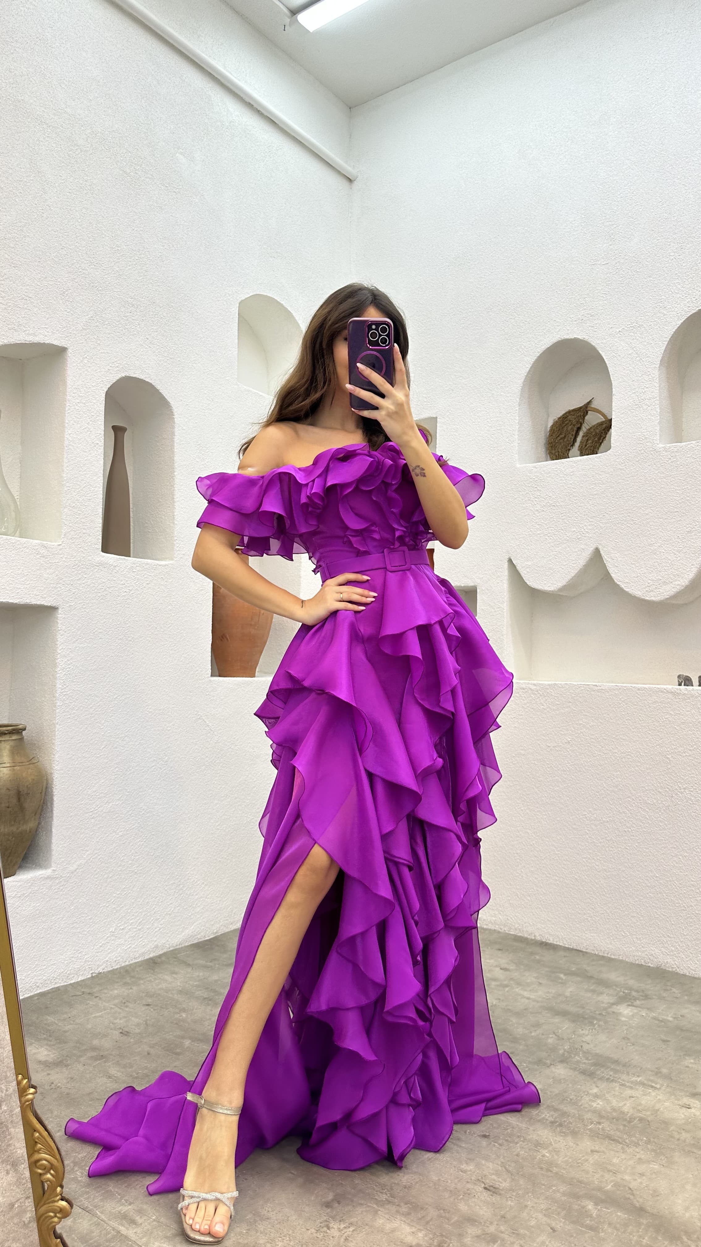 fuchsia-flywheel-belt-detail-satin-evening-dress