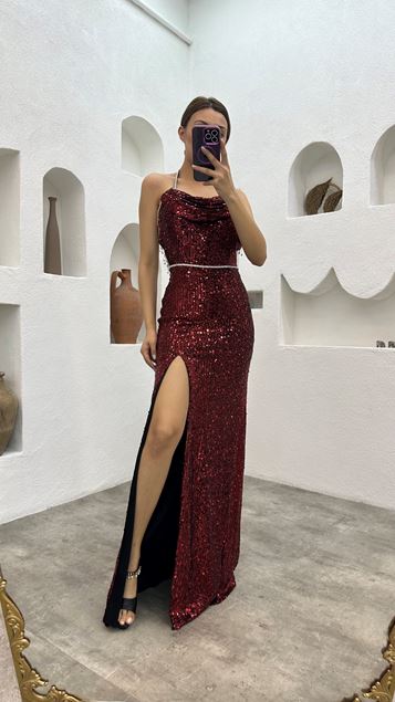 Bordo Beli Motifli Pul Payet Abiye Elbise