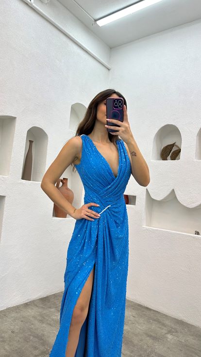 Mavi Beli Büzgülü Kemerli Pul Payet Abiye Elbise