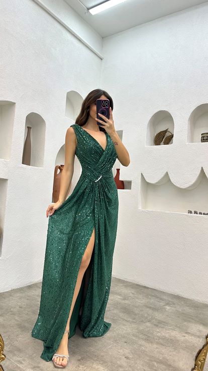 Emerald Waist Pleated Belt Detail Sequined Evening Dress