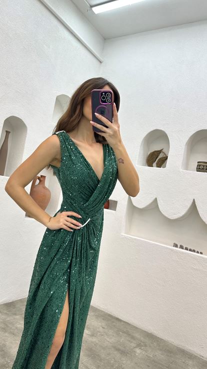 Emerald Waist Pleated Belt Detail Sequined Evening Dress