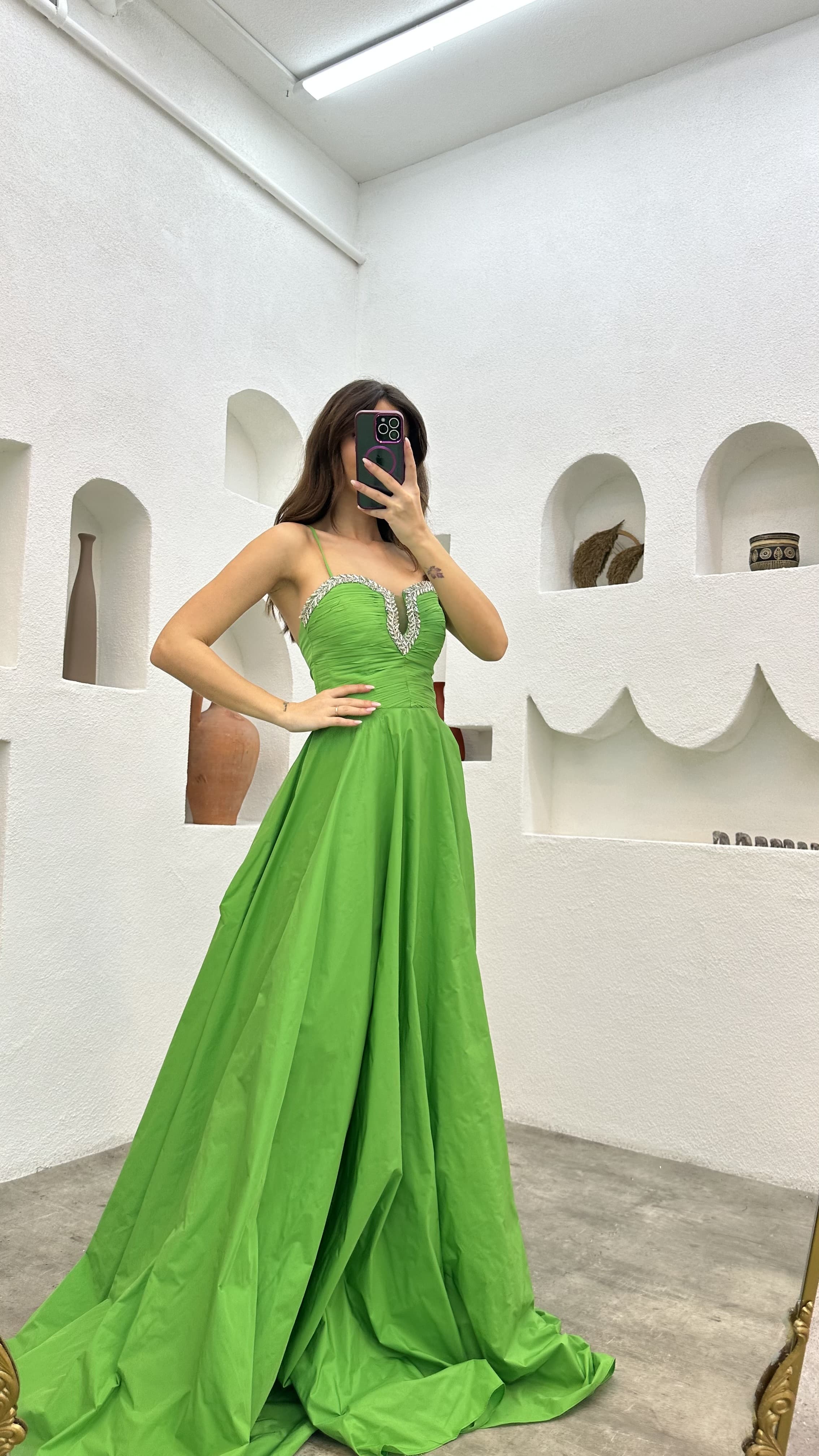Green Rope Strap Embroidered Detail Evening Dress