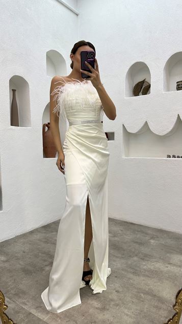 White Feather Detail Draped Belted Satin Evening Dress