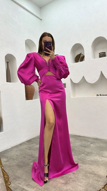 Fucsia Petto ricamato drappeggiato raso abito da sera