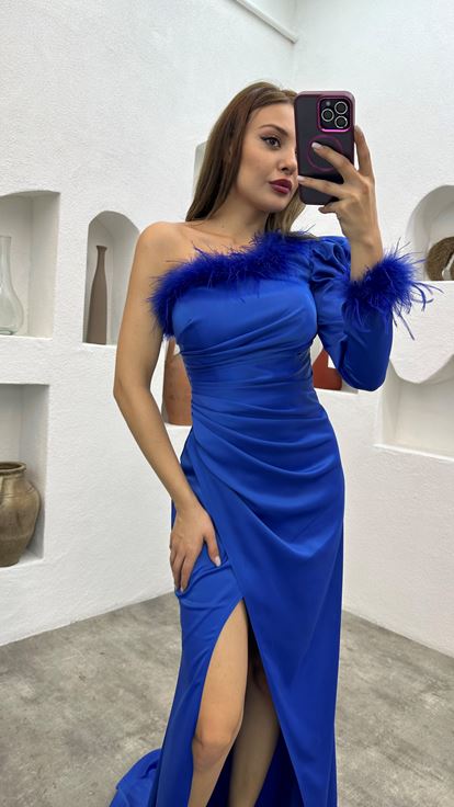 Saks Tüy Detay Tek Kol Büzgülü Saten Abiye Elbise