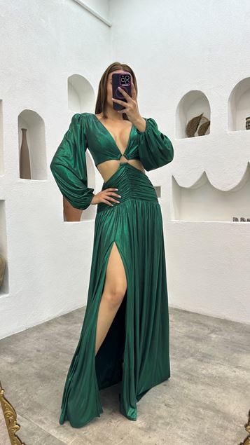 Emerald Waist Detail Buckled Satin Evening Dress