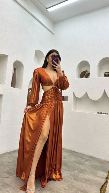 Tile Waist Detail Buckled Satin Evening Dress