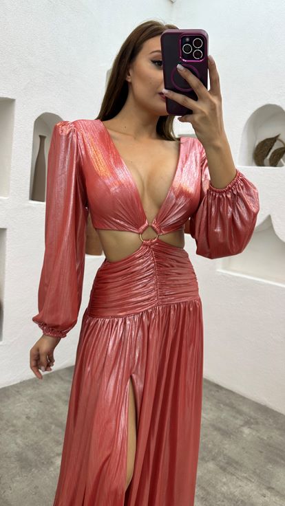 Fuchsia Waist Detail Buckled Satin Evening Dress