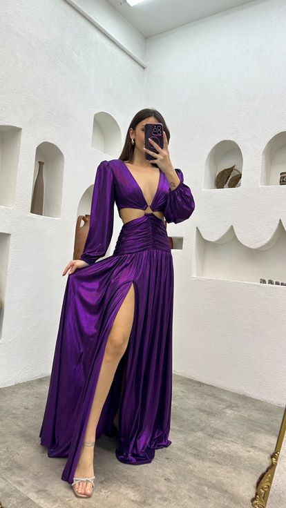 Purple Waist Detail Buckled Satin Evening Dress